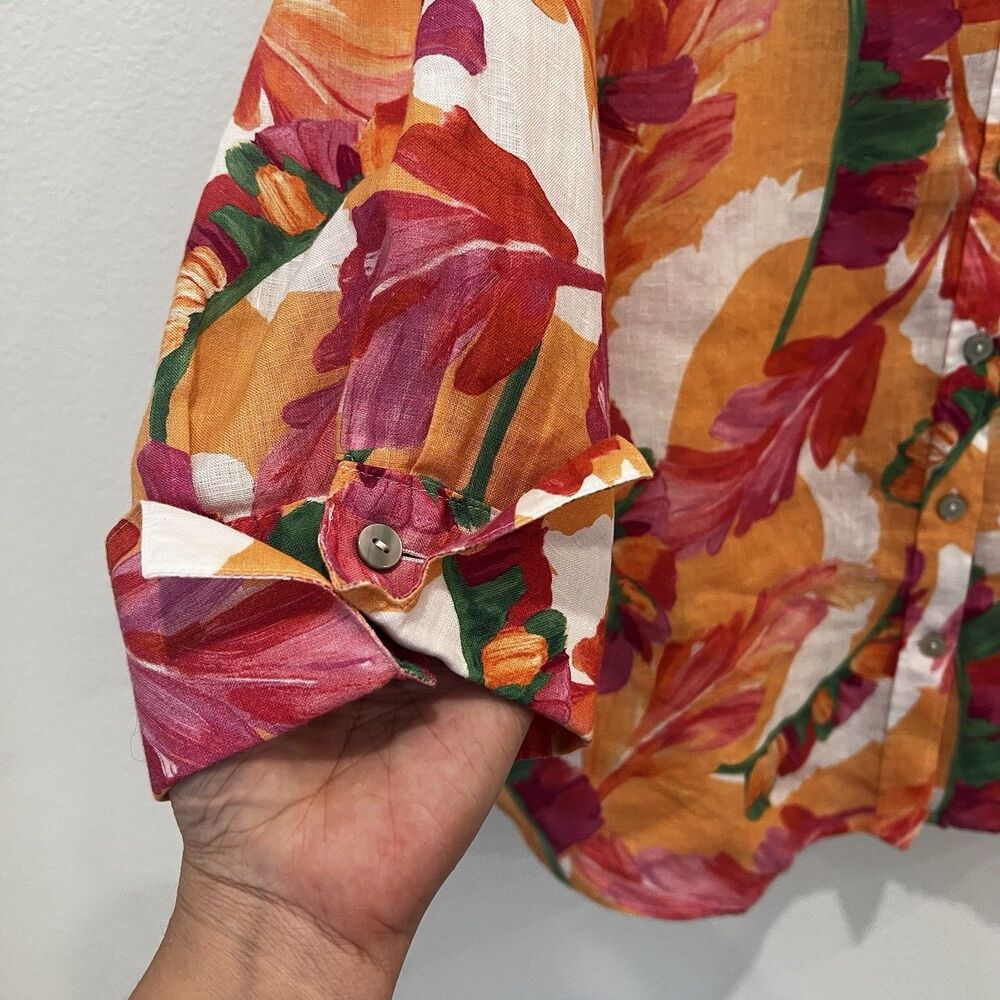 Chicos Shirt Women 1 US 8 Orange Pink Foliage Floral No Iron Linen 3/4 Sleeve - Picture 5 of 9